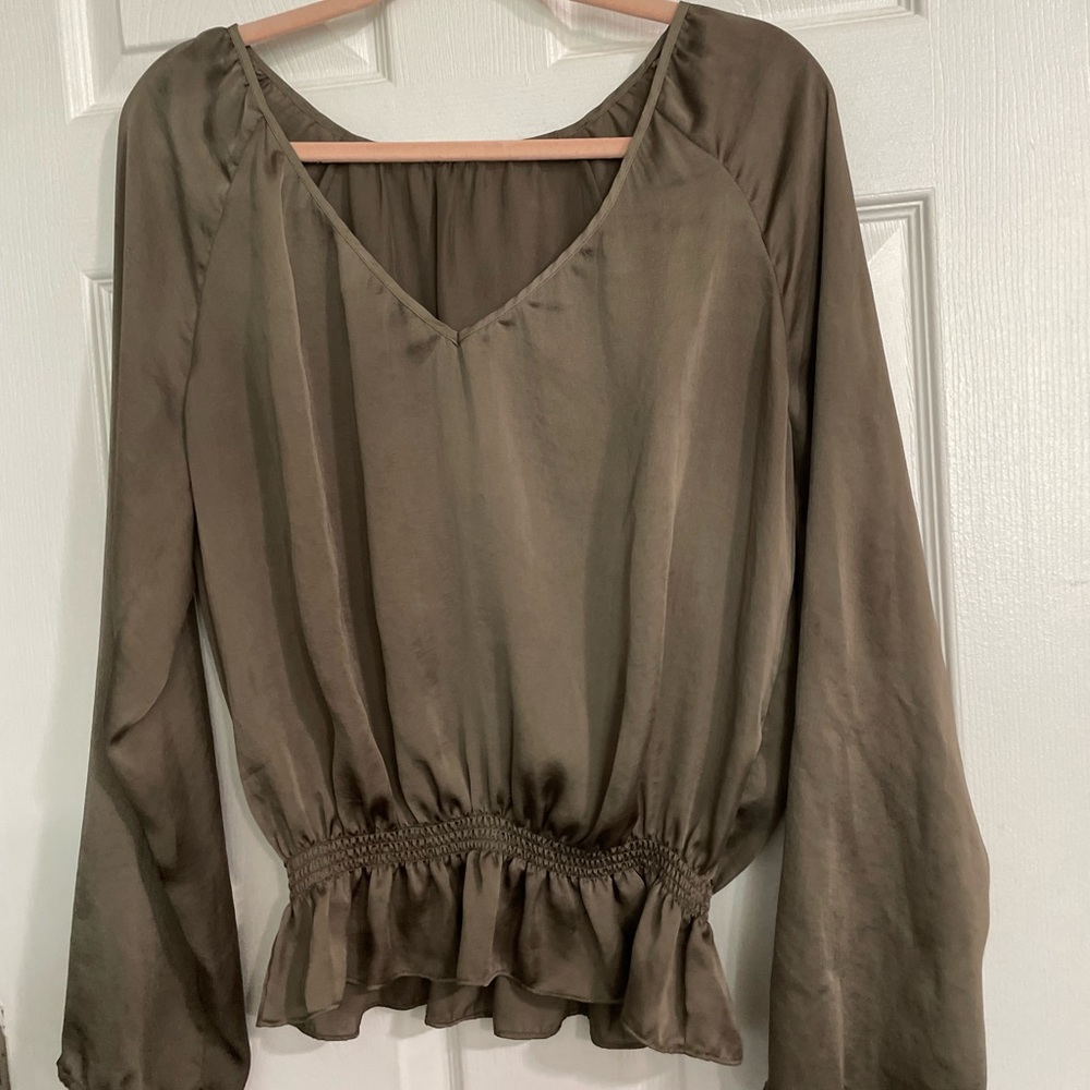 Women’s Olive Green Silky Long Sleeve Blouse